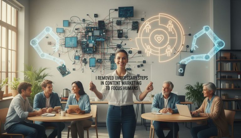 A strategic marketer reviewing a streamlined workflow with emphasis on human-led decisions